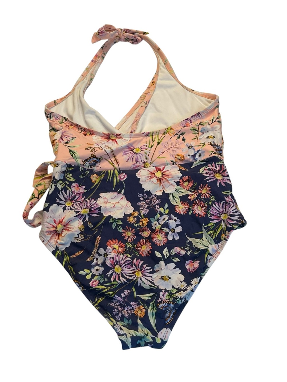 Freshwater Pink & Navy Floral Wrap Halter Top One-Piece Swimsuit sz Large - Picture 3 of 6